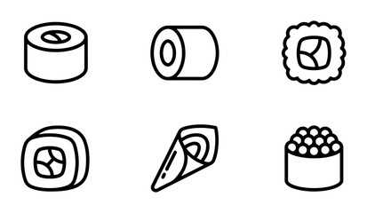 Sushi Icons Set, Japanese Food Vector Graphics, Maki Rolls and Nigiri Symbols, Asian Cuisine Elements © Jorina