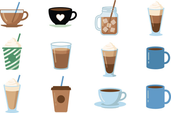 Coffee and cafe drink vector illustration set with iced lattes frappes espresso mugs and takeaway cups
