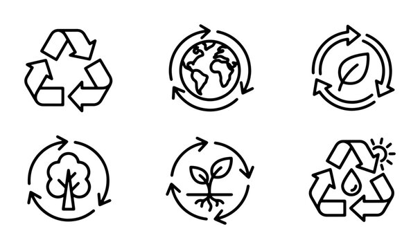 Recycle Icons Set: Earth, Leaf, Tree, Plant, Water, Sustainability Symbols