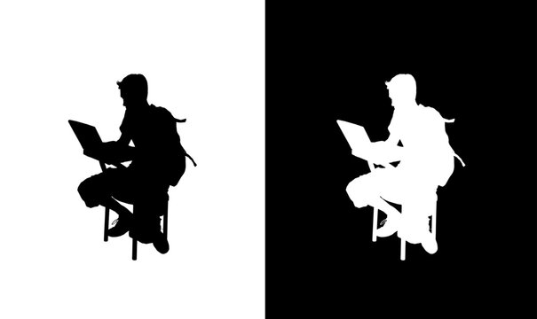 student working on laptop silhouette vector illustration, student using laptop on disk silhouette vector illustration, student silhouette vector, design, laptop, boy, man, study, writing, reading, 