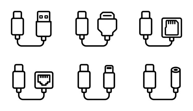 Tech Connectors Set: USB, HDMI, Ethernet, SD Card Adapters, Vector Icons for Digital Connectivity
