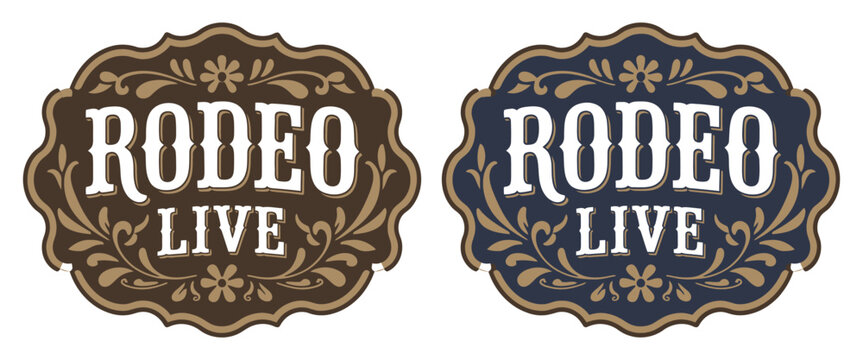 Rodeo Live Belt Buckle Label Representing Cowgirl Rustic Emblem, Bull Riding Composition, and Classic Rodeo Event Branding Vector Illustration