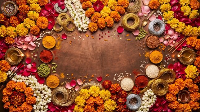 Sacred Abundance &mdash; flowers, spices and zari threads banner

