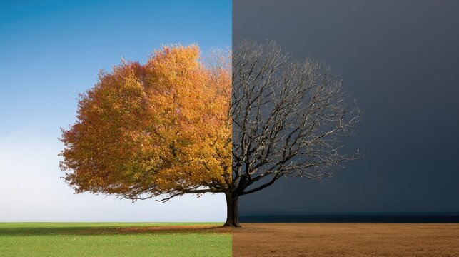 A stark, split image shows a vibrant autumn tree beside a barren, leafless winter counterpart