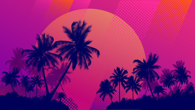 Retro summer background with palm trees silhouettes at sunset, synthwave and retrowave style illustration, vector illustration