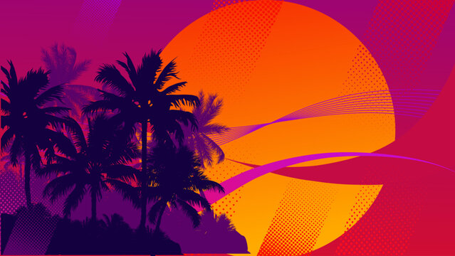 Retro tropical background with palm trees silhouettes and big orange sun, synthwave style summer landscape, vector illustration