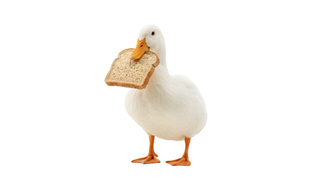 A white duck holding a slice of bread in its beak isolated on transparent background