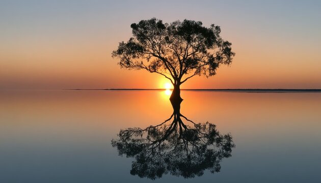 Solitary tree silhouetted against a vibrant sunset, reflected perfectly