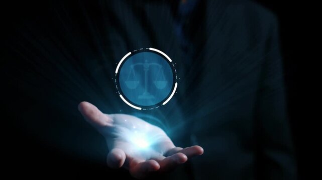 Futuristic digital law interface displaying justice scale, highlighting digital law, AI compliance, digital law systems, and digital law regulations for secure governance. Elide