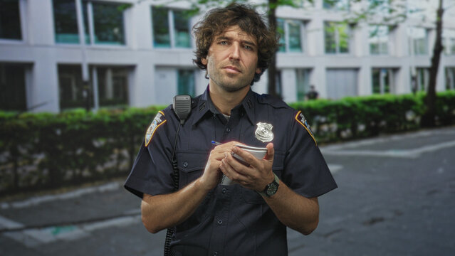 Hispanic man police officer writing in a notebook on a city street outside an office building, pen poised, radio microphone visible on shoulder; duty report.