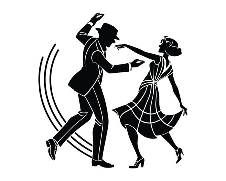 Silhouette of a couple dancing swing or lindy hop