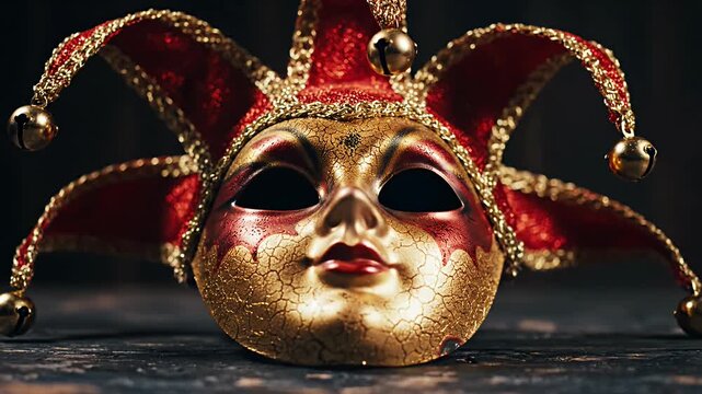 Ornate Venetian jester mask with gold and red details.
