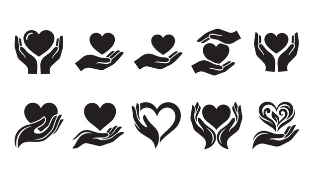 Set of hands holding hearts icons, charity and care symbols