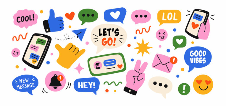 Social media chat stickers and messaging icons. Colorful flat vector illustration with phones, speech bubbles, likes, hearts, emojis, notifications and online communication symbols.