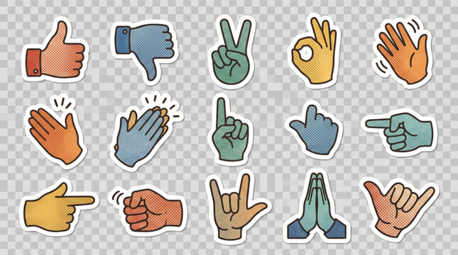 Trendy halftone hand gestures emoji stickers set for collage and scrapbook. Vintage dot texture magazine cut outs of finger signs like thumbs up, peace, okay, clapping. Retro grunge pop art dots.