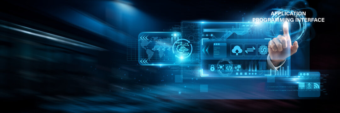 Businessman uses virtual smart dashboards analyzing API integration data and software connectivity, application communication, interoperability, digital solutions.