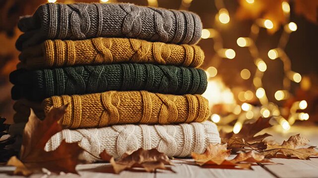 Stack of colorful knitted sweaters with autumn leaves and lights.
