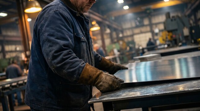  Industriearbeiter mit dicken Lederhandschuhen pr&uuml;ft ein gro&szlig;es Blech an einer Werkbank. Konzept f&uuml;r Industrie, Handwerk, Fertigung und Metallverarbeitung in einer Fabrikhalle