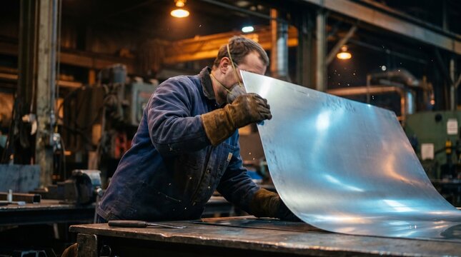  Oper&aacute;rio industrial com equipamentos de prote&ccedil;&atilde;o manuseando uma grande chapa de metal com fa&iacute;scas em uma f&aacute;brica. Conceito de metalurgia, trabalho pesado e manufatura