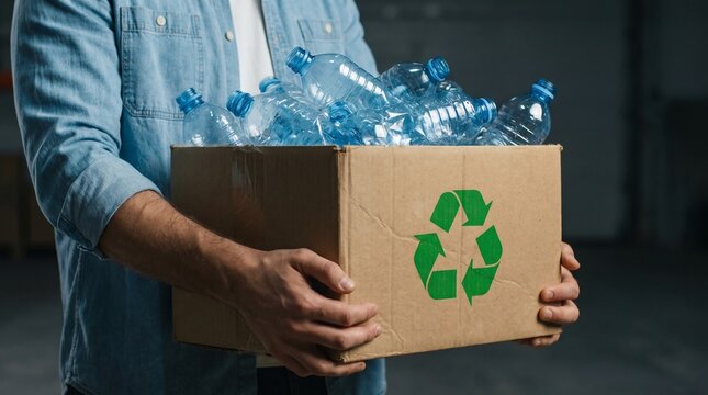 Pessoa segurando uma caixa de papel&atilde;o cheia de garrafas pl&aacute;sticas vazias com o s&iacute;mbolo de reciclagem. Conceito de separa&ccedil;&atilde;o de lixo, sustentabilidade e preserva&ccedil;&atilde;o do meio ambiente.