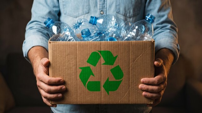  Personne non identifiable tenant une bo&icirc;te en carton pleine de bouteilles d'eau en plastique vides avec un symbole de recyclage vert. Concept de tri des d&eacute;chets, de durabilit&eacute; et de pr&eacute;servation