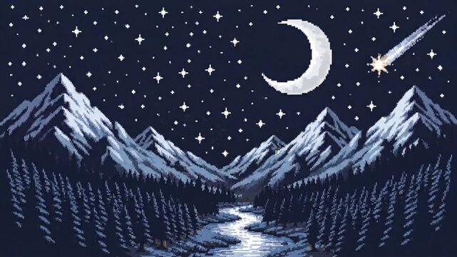 Pixel art shows mountain landscape with trees, river, and sun
