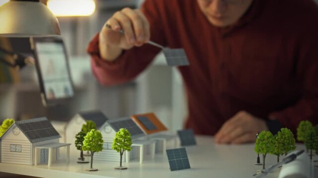 An industrial architect utilizes tweezers to arrange miniature solar panels on house models, exemplifying sustainable development and clean energy efficiency in innovative design drawings