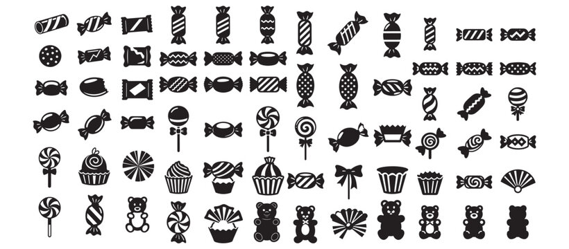Candy and Sweets Icon Set &mdash; Black Silhouette Lollipop, Wrapped Candies and Cupcake