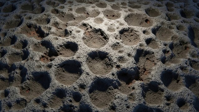 Cratered rock surface texture abstract pattern grey stone with circular holes detail.