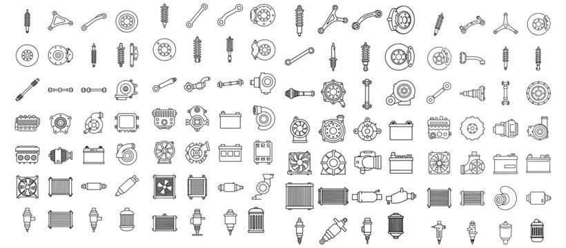 Automotive Parts Icon Set &mdash; Car Parts Line Art Vector Collection of Engine and Mechanical Components