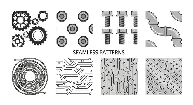 Seamless Patterns: Gears, Bolts, Circuits, Pipes, and Abstract Shapes