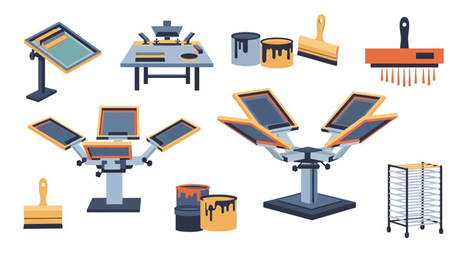 Screen Printing Equipment Set: Press, Screens, Ink, Brushes, Drying Rack
