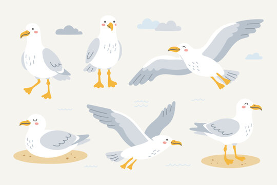 Cute white seagull vector set in flat style. Coastal summer illustration with birds, sand, clouds and sea elements. Perfect for kids design, print, poster, sticker, packaging and beach theme.