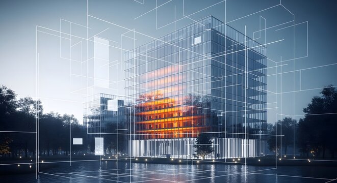 Futuristic neon building complex at dusk