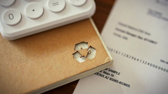 In an office workspace, a bright recycling sign is shown up close among office papers and white calculator buttons, highlighting the reuse concept and urging sustainable practices in daily work