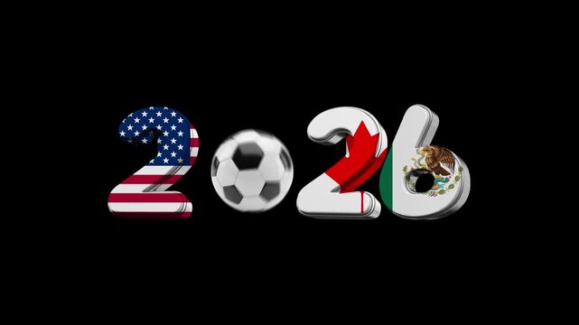 Fifa world cup 2026 text with classic soccer ball and national flags texture of united states canada and mexico rotating on isolated black background