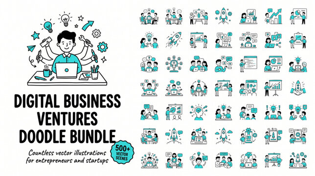 Digital business ventures doodle bundle with cute multitasking character working on laptop startup entrepreneurs brainstorming creative ideas marketing strategy planning and corporate teamwork vector 