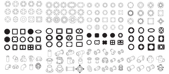 Fototapeta premium Industrial Pipe Flanges and Fittings Icon Set With Gaskets, Couplings and Technical Outlines