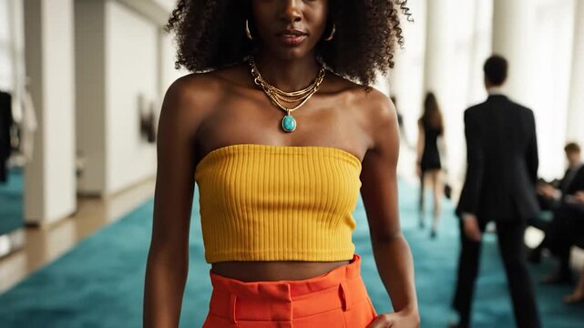 Stylish Black woman wearing a yellow tube top and orange trousers at a fashion event