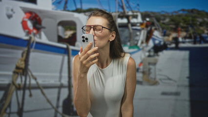 Fototapeta premium Woman kissing smartphone at port pier while laughing and holding phone to lips; joy connection travel.