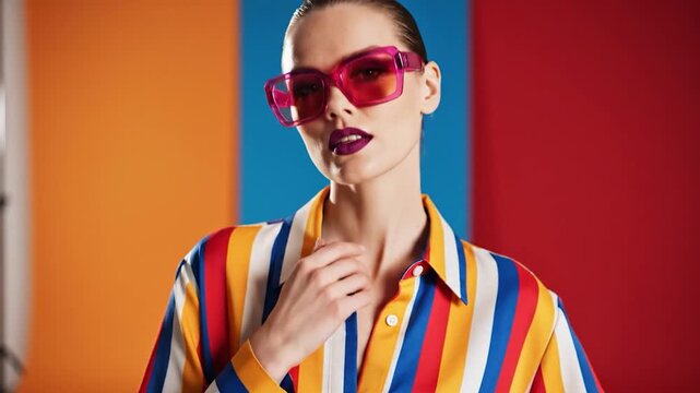 Stylish woman wearing pink sunglasses and a multi colored striped shirt posing in front of a vibrant color block background