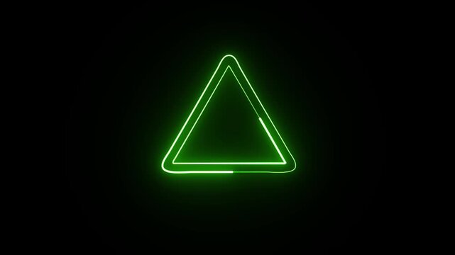 Futuristic green neon warning sign icon with exclamation mark inside triangle outline on black background.