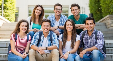 Fototapeta premium Group of happy friends smiling outdoors on steps