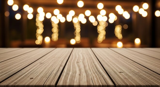 Warm wooden floor with hanging string lights in cozy room
