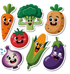 Fototapeta premium Local Flavor Vegetable Character Sticker Sheet, Cute Healthy Food and Farm Fresh Produce Vector Icons