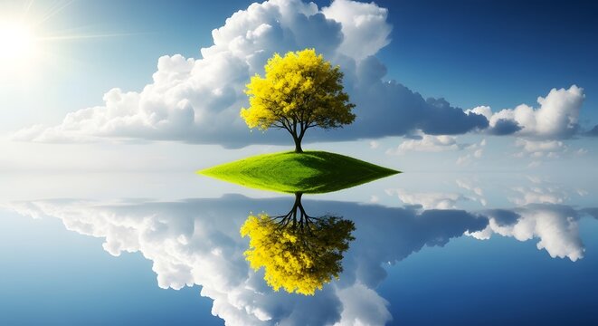 Yellow tree reflected in water