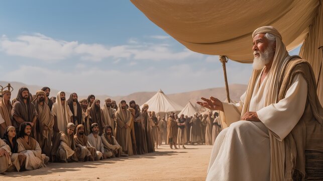 A daytime camp scene of moses judging disputes among the israelites as jethro advises him under a simple desert canopy.