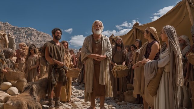 A daytime camp scene of israelites bringing voluntary offerings to moses with gold, fabrics, skins, and wood for the tabernacle under bright desert light.