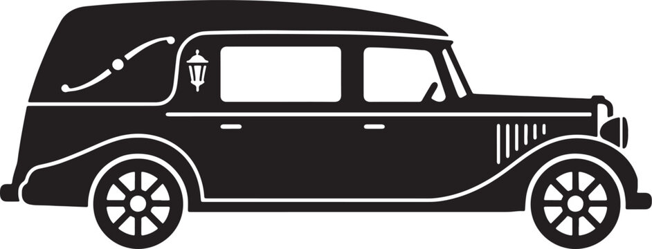 Black and white silhouette of a vintage funeral hearse car with classic isolated on a white background, for memorial themes, also transparent background