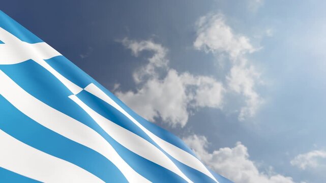 Passenger Airplane Flying Over Greek Flag Waving Against Blue Sky and Clouds Background